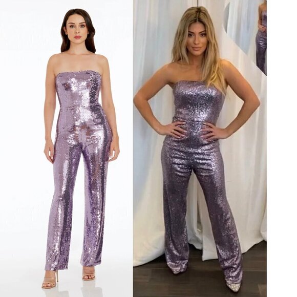 Dress the Population Pants - DRESS THE POPULATION Andy Sequin Strapless Jumpsuit in Lavender Multi Size Large